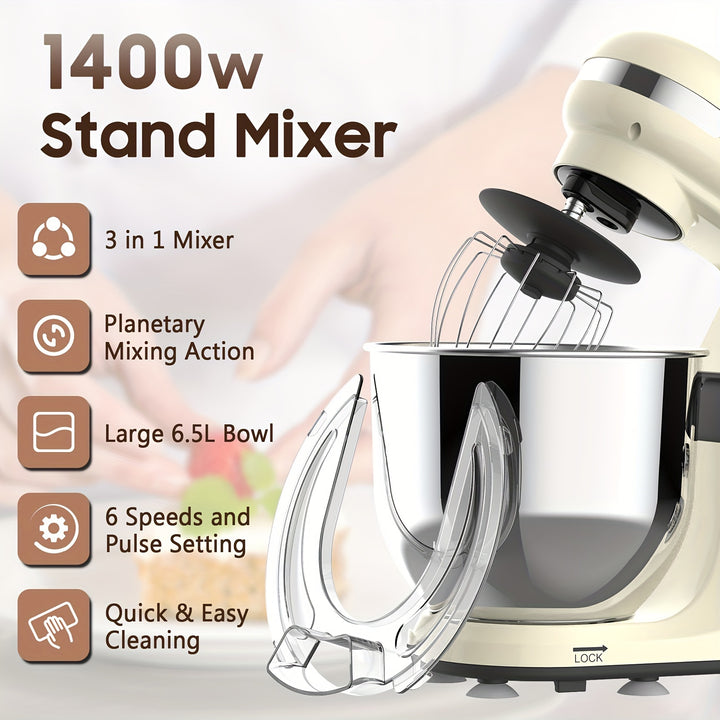 Advwin Stand Mixer, 6.5L Kitchen Food Mixer, 1400W 6 Speed Electric Mixer with Tilt Head Pulse, Home Stand Mixer for Housewives, Can Make Dough&Mix Food&Whip Egg Whites/Cream/Butter Chef Machine