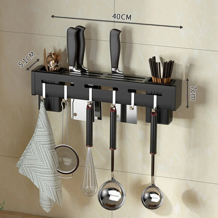 Wall Mounted Knife Holder Stainless Steel Shelf Kitchen Nail-Free Storage Rack Cutlery with Hook Kitchen Cabinet Organizer