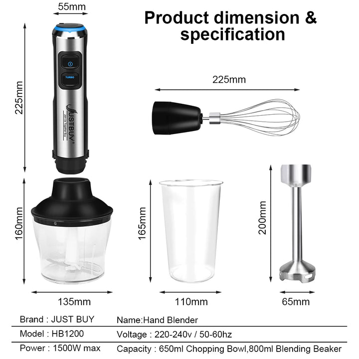 LED Factory Price 1500W 6/4 in 1 Electric Stick Hand Commercial Blender Food Processor Egg Whisk Mixer Juicer Meat Grinder