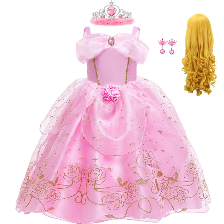 Aurora Pink Princess Dress Girl Sleeping Beauty Cosplay Costume Summer Floral Rose Print Sling Frocks 2-10 Yrs Kids Elegant Gown