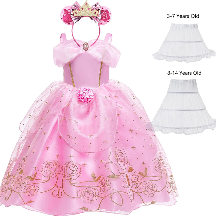 Aurora Pink Princess Dress Girl Sleeping Beauty Cosplay Costume Summer Floral Rose Print Sling Frocks 2-10 Yrs Kids Elegant Gown