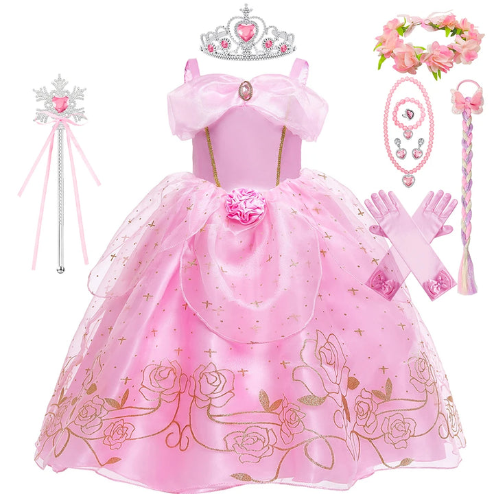 Aurora Pink Princess Dress Girl Sleeping Beauty Cosplay Costume Summer Floral Rose Print Sling Frocks 2-10 Yrs Kids Elegant Gown