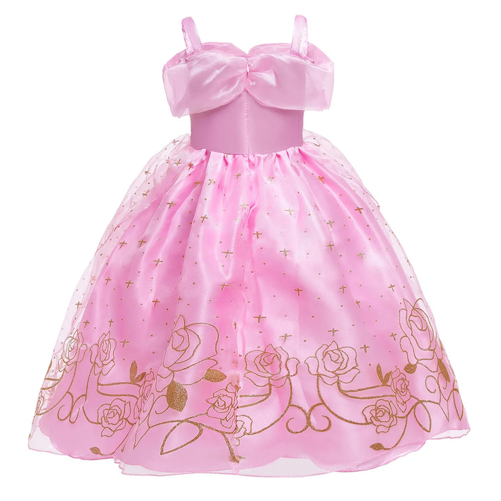 Aurora Pink Princess Dress Girl Sleeping Beauty Cosplay Costume Summer Floral Rose Print Sling Frocks 2-10 Yrs Kids Elegant Gown