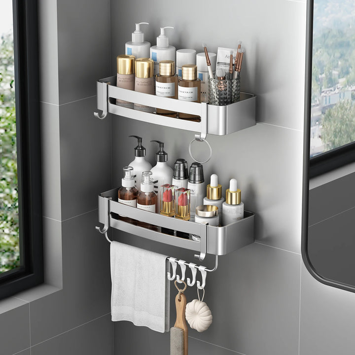 Aluminum Alloy Bathroom Shelf Without Drilling Bathroom Accessories Shampoo Rack Toilet Corner Wall Mounted Shower Shelf