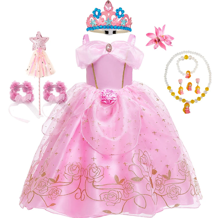 Aurora Pink Princess Dress Girl Sleeping Beauty Cosplay Costume Summer Floral Rose Print Sling Frocks 2-10 Yrs Kids Elegant Gown