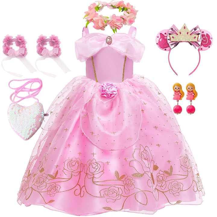 Aurora Pink Princess Dress Girl Sleeping Beauty Cosplay Costume Summer Floral Rose Print Sling Frocks 2-10 Yrs Kids Elegant Gown