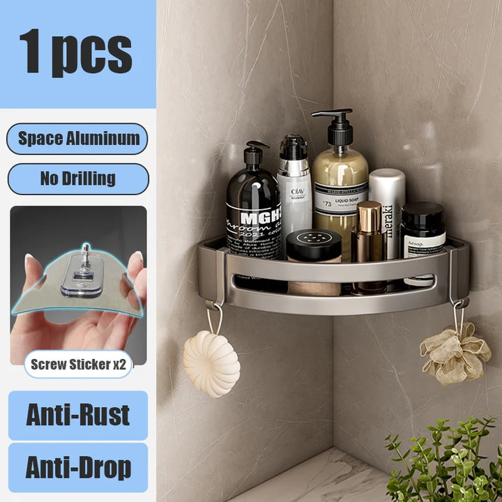 Aluminum Alloy Bathroom Shelf Without Drilling Bathroom Accessories Shampoo Rack Toilet Corner Wall Mounted Shower Shelf