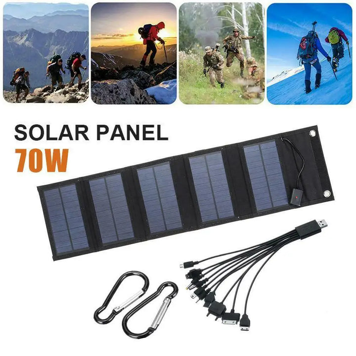 70W Foldable Solar Panel 5V USB Portable Battery Charger for Cell Phone Outdoor Waterproof Power Bank for Camping Accessories