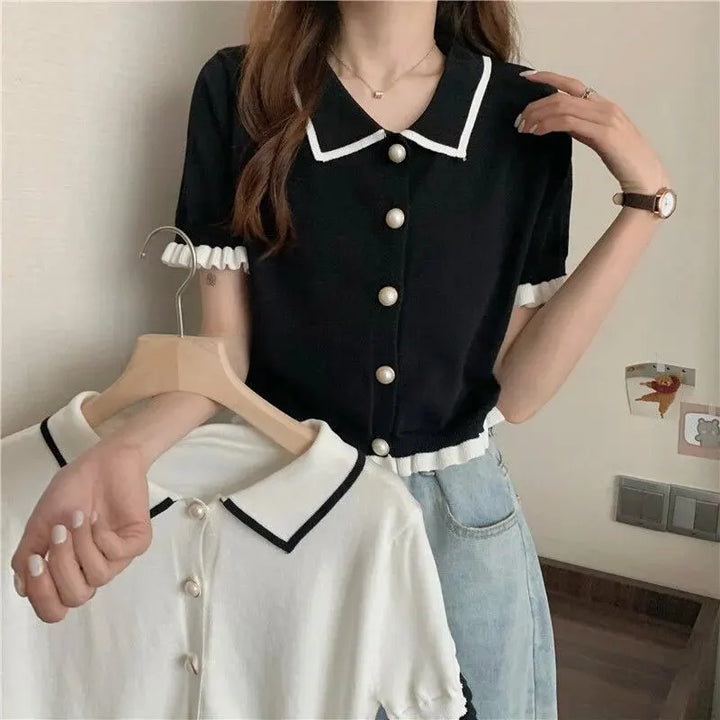 Loose Black Short Sleeve Knitted