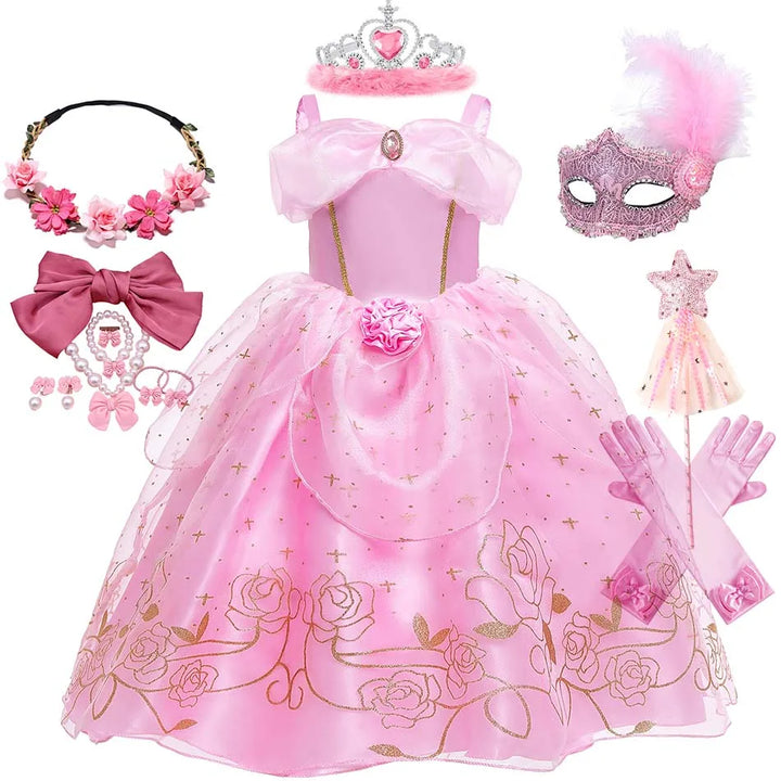 Aurora Pink Princess Dress Girl Sleeping Beauty Cosplay Costume Summer Floral Rose Print Sling Frocks 2-10 Yrs Kids Elegant Gown