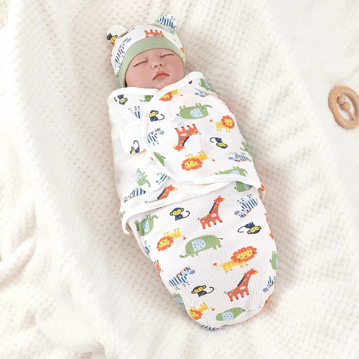 Newborn Sleeping Bag Cotton Baby Swaddle Wrap Adjustable Newborn Sleepsack Hat Set Anti-kick Swaddle Warm Soft Blanket