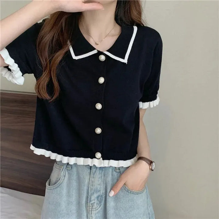 Loose Black Short Sleeve Knitted