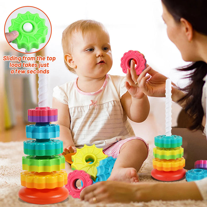 Montessori Stacking Puzzle Toy, Rotating Rainbow Tower, Baby, Educational Play