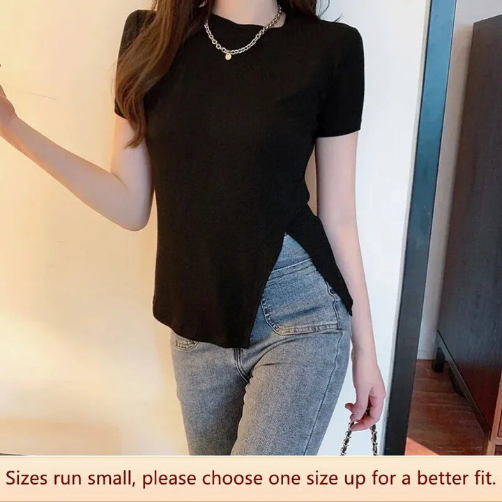 Summer Fashion Trendy Versatile Side Split Black Short Sleeve T-shirt Women Special Top Korean Style Casual Polyester Fabric