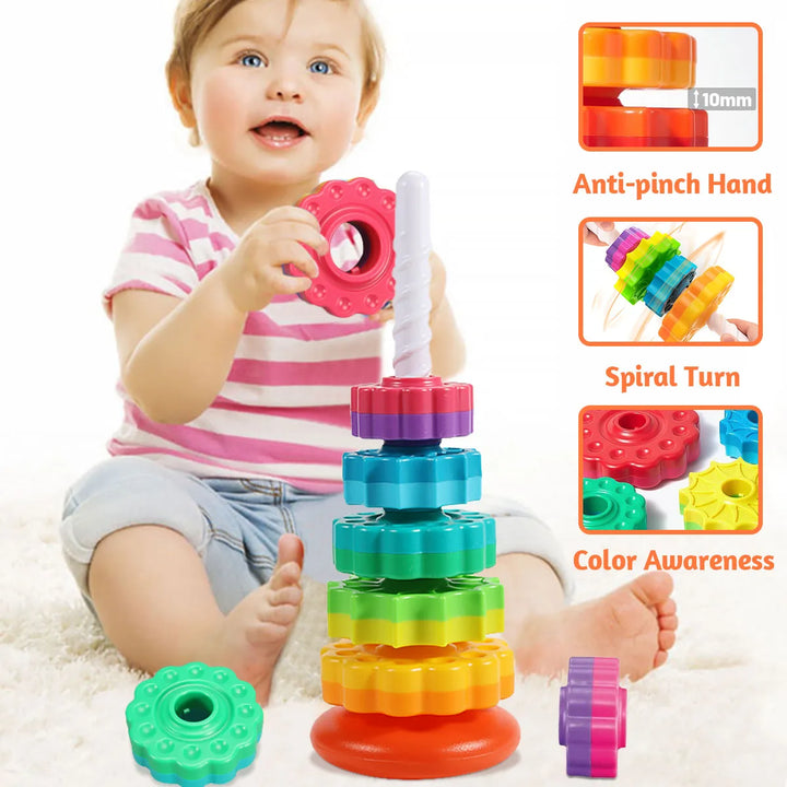 Montessori Stacking Puzzle Toy, Rotating Rainbow Tower, Baby, Educational Play