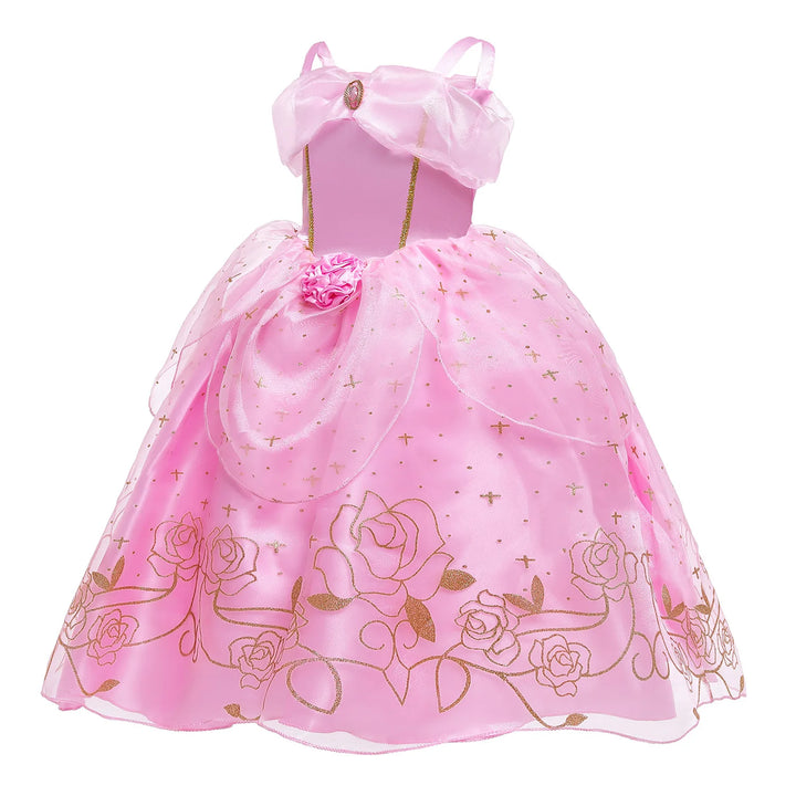 Aurora Pink Princess Dress Girl Sleeping Beauty Cosplay Costume Summer Floral Rose Print Sling Frocks 2-10 Yrs Kids Elegant Gown