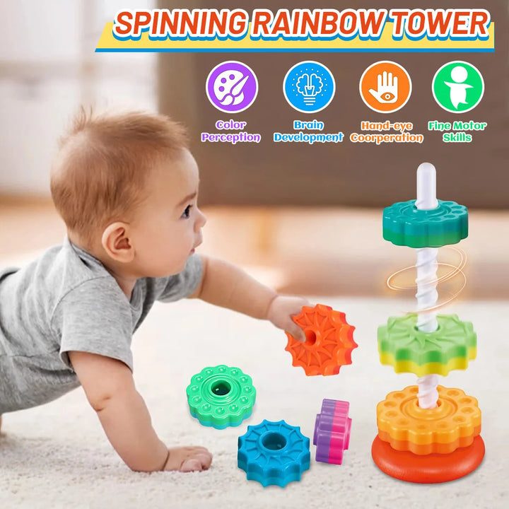 Montessori Stacking Puzzle Toy, Rotating Rainbow Tower, Baby, Educational Play