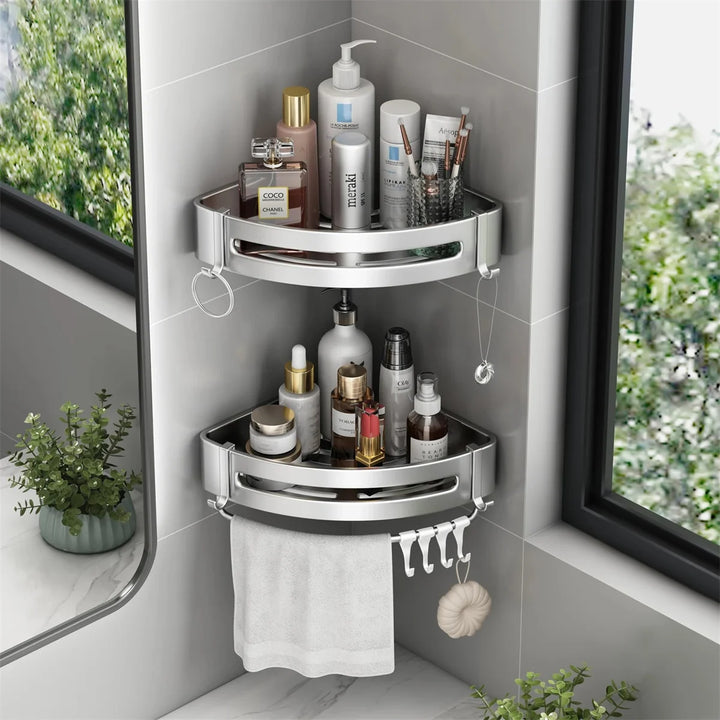 Aluminum Alloy Bathroom Shelf Without Drilling Bathroom Accessories Shampoo Rack Toilet Corner Wall Mounted Shower Shelf