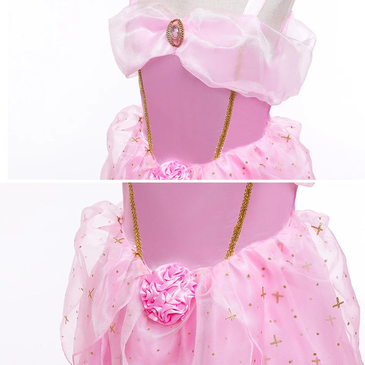 Aurora Pink Princess Dress Girl Sleeping Beauty Cosplay Costume Summer Floral Rose Print Sling Frocks 2-10 Yrs Kids Elegant Gown