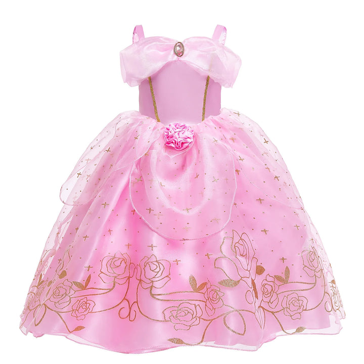 Aurora Pink Princess Dress Girl Sleeping Beauty Cosplay Costume Summer Floral Rose Print Sling Frocks 2-10 Yrs Kids Elegant Gown