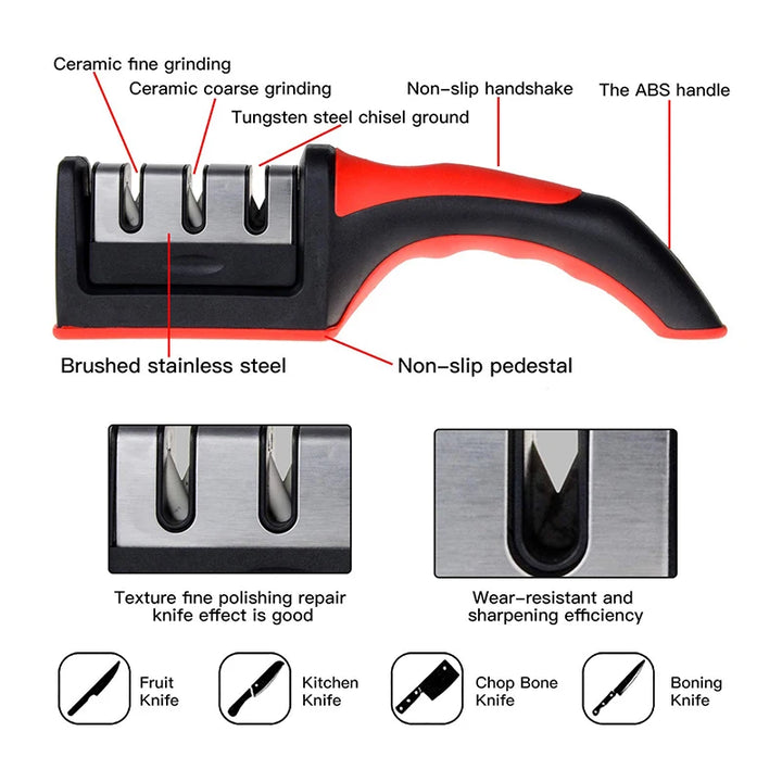 Knife Sharpener Handheld Multi-function 3 Stages Type Quick Sharpening Tool With Non-slip Base Kitchen Knives Accessories Gadget