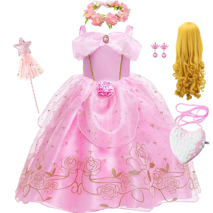 Aurora Pink Princess Dress Girl Sleeping Beauty Cosplay Costume Summer Floral Rose Print Sling Frocks 2-10 Yrs Kids Elegant Gown