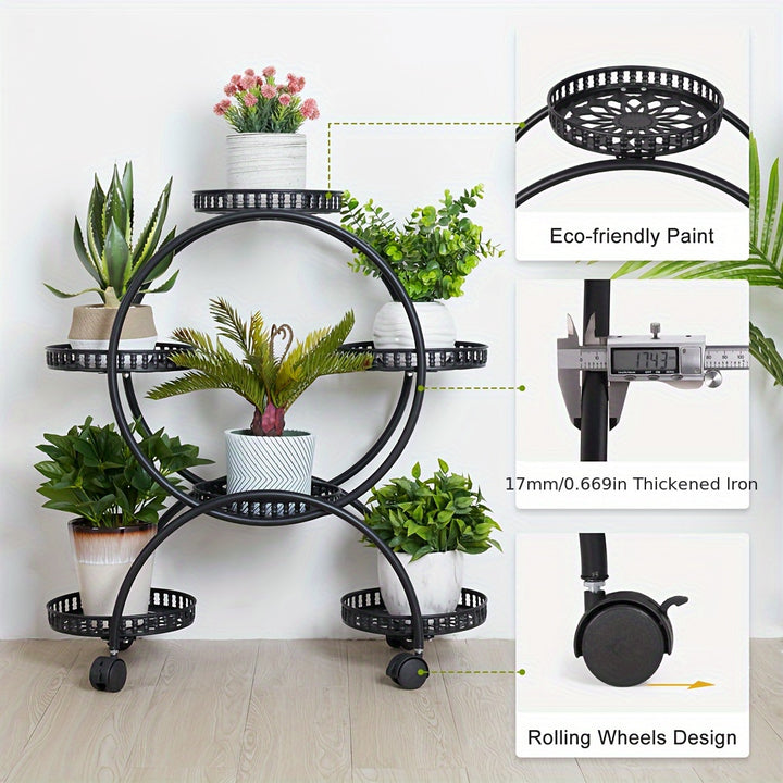 6 Potted Metal Plant Cart Stand Wheels Flower Pots Rack Holder for Patio Porch